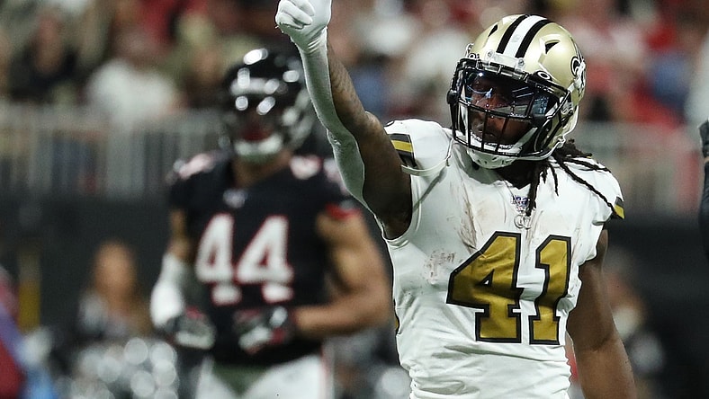 Nov 28, 2019; Atlanta, GA, USA; New Orleans Saints running back Alvin Kamara (41) celebrates after he ran for a first down in the second half against the Atlanta Falcons at Mercedes-Benz Stadium. Mandatory Credit: Jason Getz-USA TODAY Sports