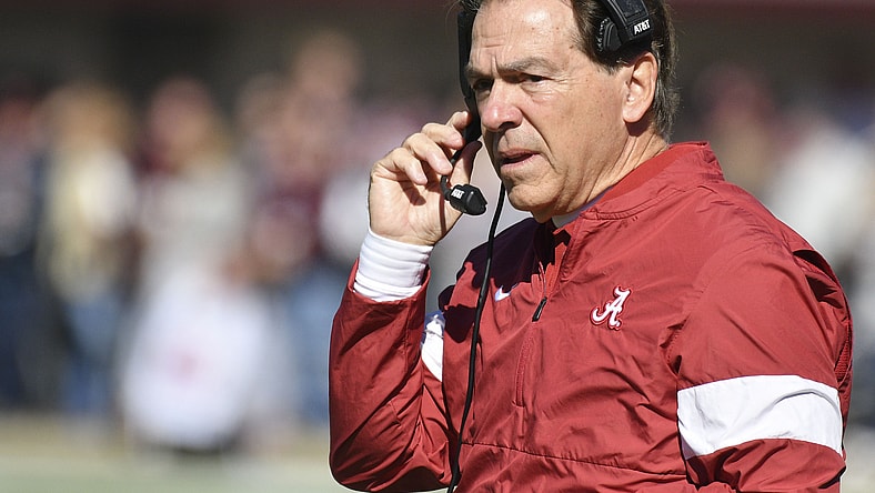 Alabama's Nick Saban coaching against Michigan State.