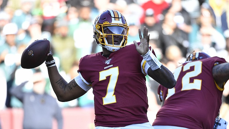 Redskins QB Dwayne Haskins attempts a pass against the Eagles.