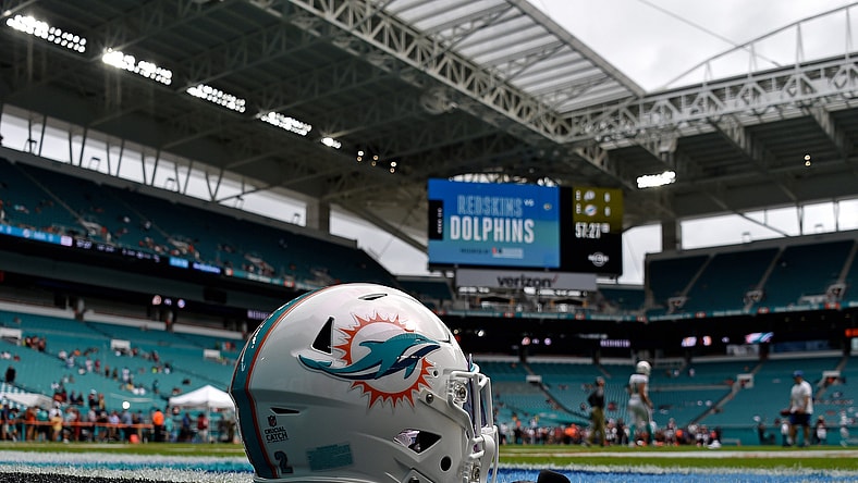 Dolphins helmet on field before game