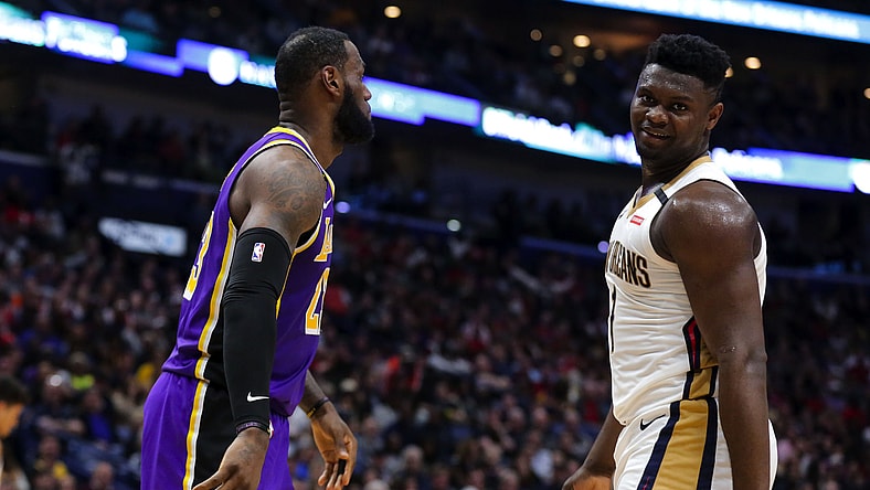 LeBron James talking to Zion Williamson