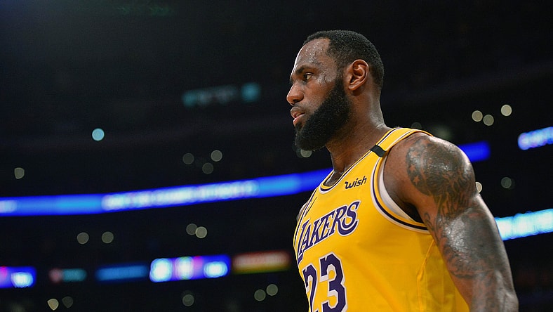 LeBron James reacts during NBA game