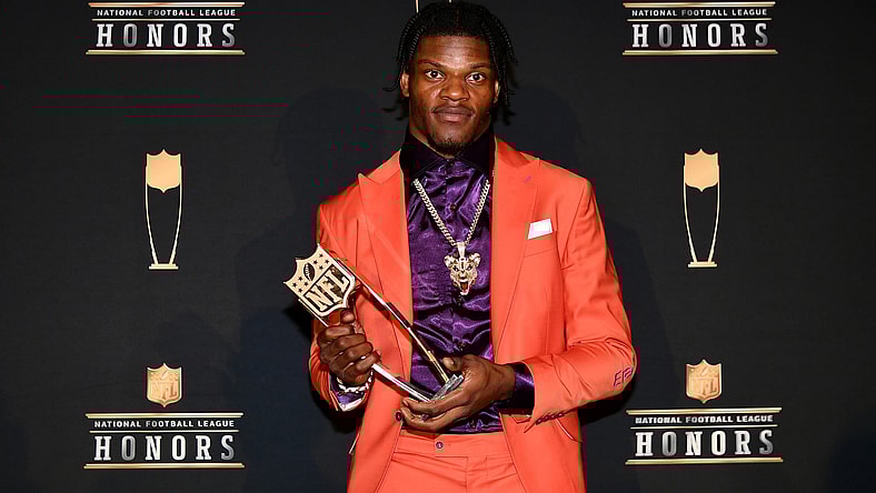 Baltimore Ravens QB Lamar Jackson with the NFL MVP award