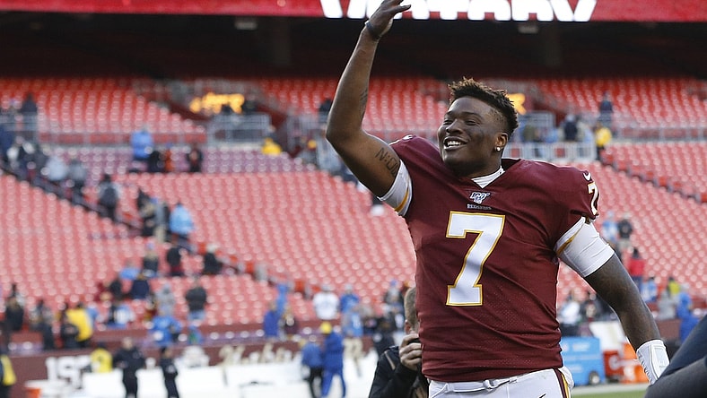 Washington Redskins QB Dwayne Haskins celebrates after win