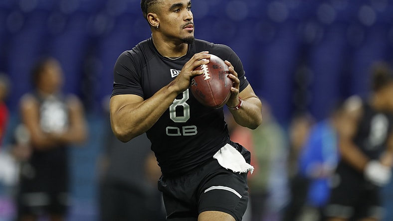 Jalen Hurts throws during NFL Combine