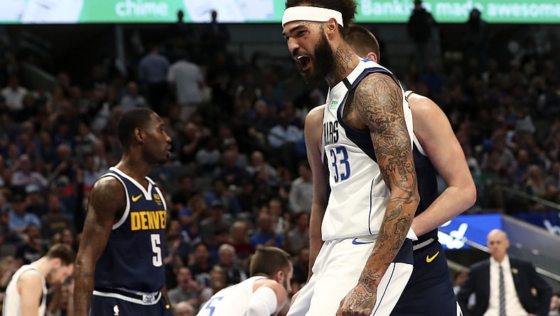 Mavericks center Willie Cauley-Stein reacts in game against the Nuggets