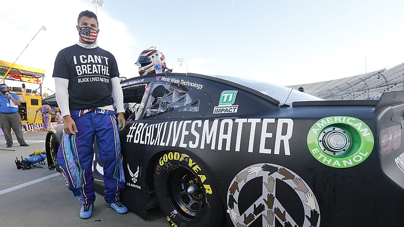 Bubba Wallace wears I Can't Breathe shirt, sports Black Lives Matter racing car at NASCAR event
