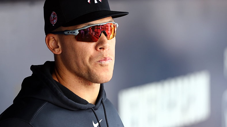 New York Yankees star Aaron Judge in dugout during Spring Training.