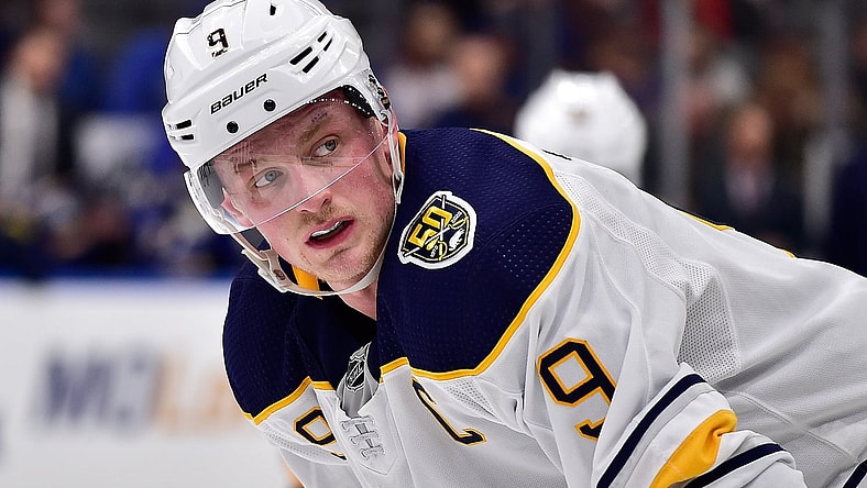 Jack Eichel of the Buffalo Sabres waits for a face off