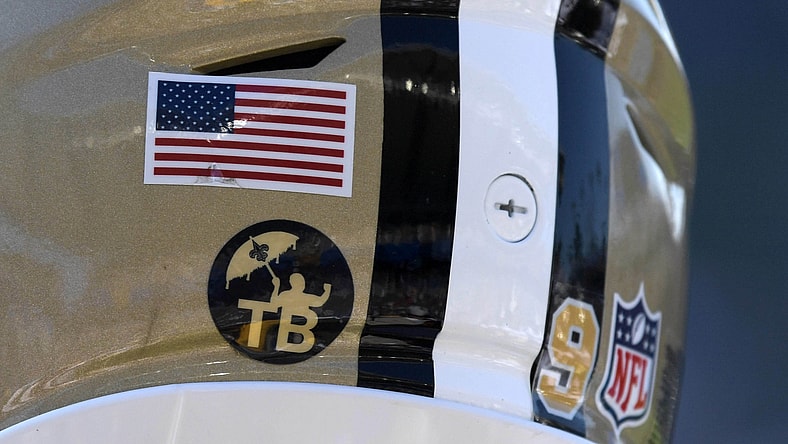 NFL decals on helmet fo New Orleans Saints QB Drew Brees