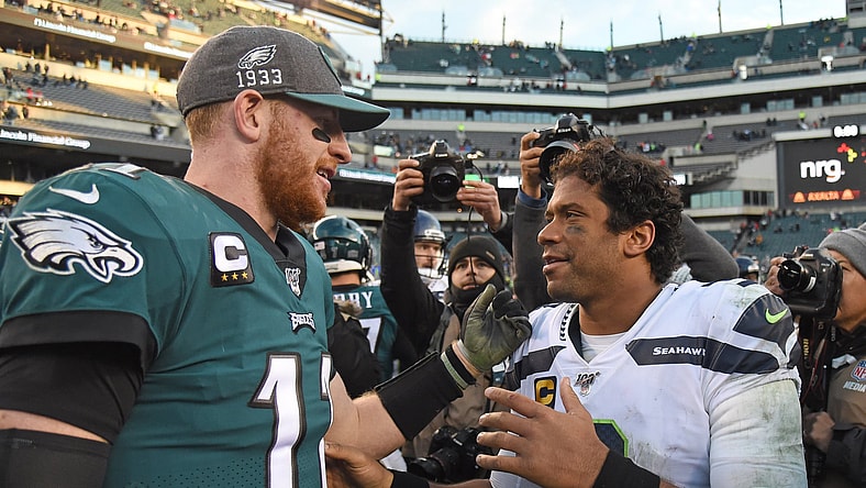 Eagles' Carson Wentz and Seahawks' Russell Wilson talk after NFL game