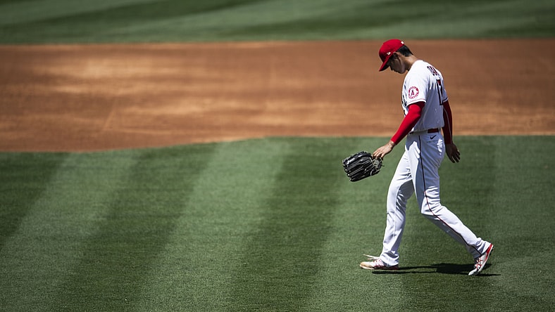 Los Angeles Angels pitcher Shohei Ohtani walks off mound