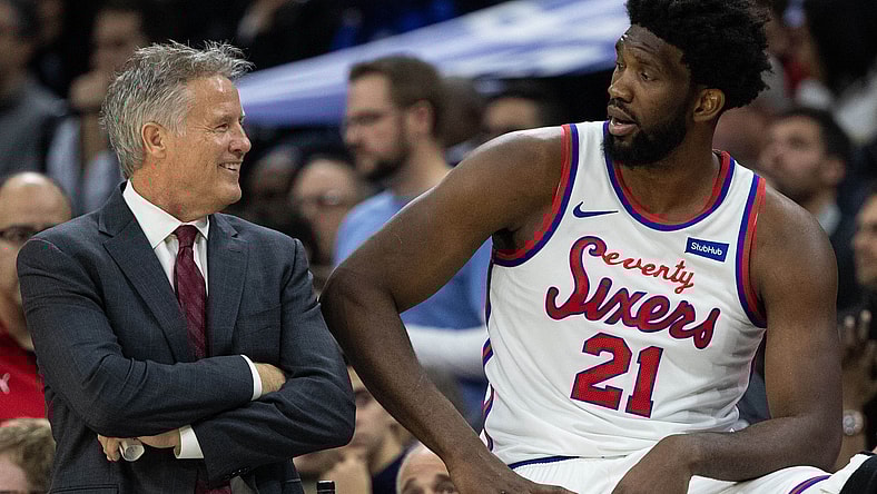 Philadelphia 76ers star Joel Embiid with coach Brett Brown