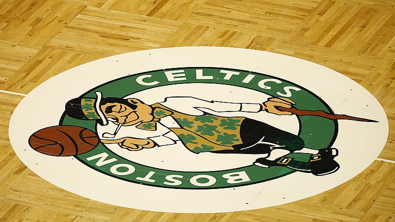 Celtics logo during NBA game against the Lakers