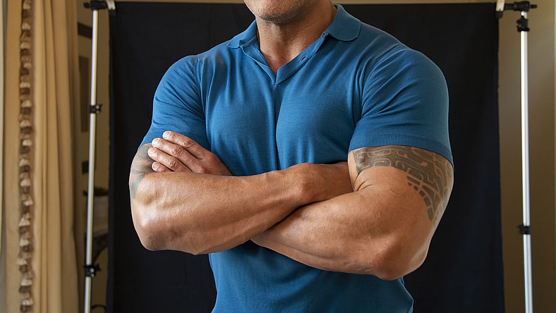 Dwayne Johnson posing for Fast and the Furious spin off.