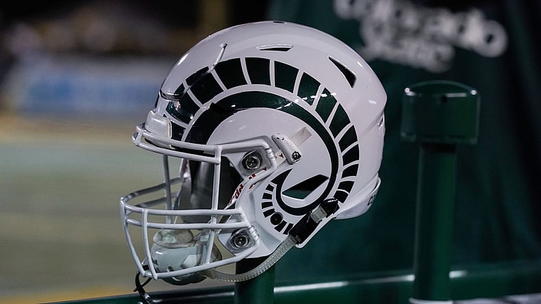 Colorado State football helmet during game against Wyoming.