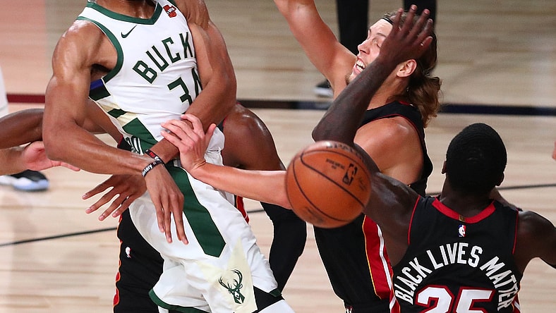 Bucks star Giannis Antetokounmpo against the Heat in Orlando.
