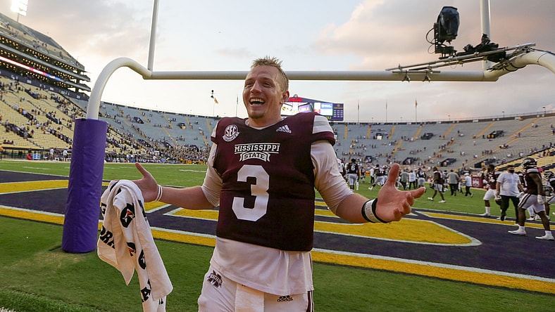 Mississippi State QB K.J. Costello celebrates after a strong Week 4 performance