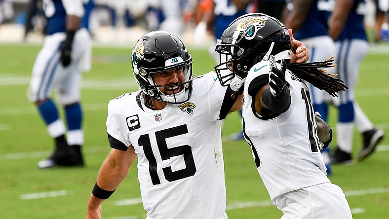 Jacksonville Jaguars QB Gardner Minshew celebrates during the team's victory