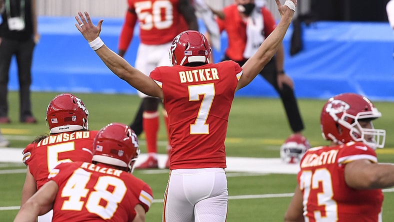 Kansas City Chiefs kicker Harrison Butker celebrates his game-wining field goal in Week 2
