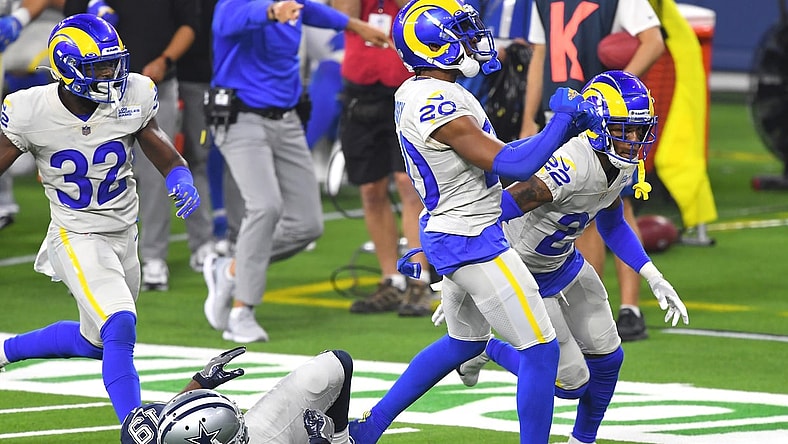Los Angeles Rams CB Jalen Ramsey celebrates after Dallas Cowboys WR Amari Cooper's drop in Week 1