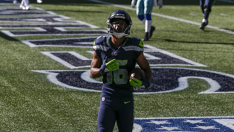 Seattle Seahawks WR Tyler Lockett celebrates a touchdown against the Dallas Cowboys