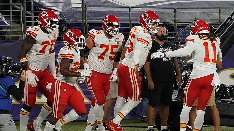 Chiefs QB Patrick Mahomes celebrates during game against Ravens