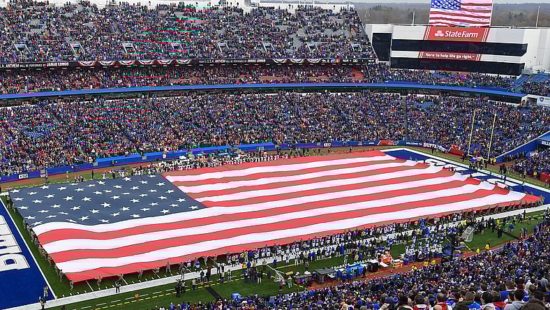 Nov 24, 2019; Orchard Park, NY, USA; General view of an American Flag on the field during the National Anthem prior to the game between the Denver Broncos and the Buffalo Bills at New Era Field. Mandatory Credit: Rich Barnes-USA TODAY Sports