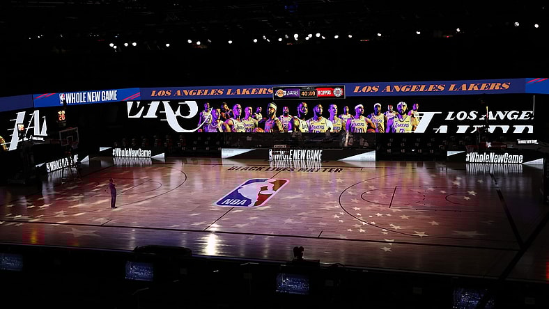 NBA logo at midcourt during 2020 season