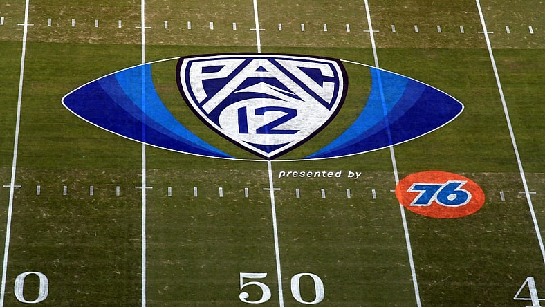 Pac 12 football logo on field during 2019 season
