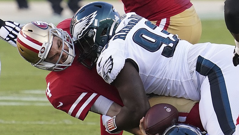 49ers' Nick Mullens hit by Eagles' Javon Hargrave NFL Week 4
