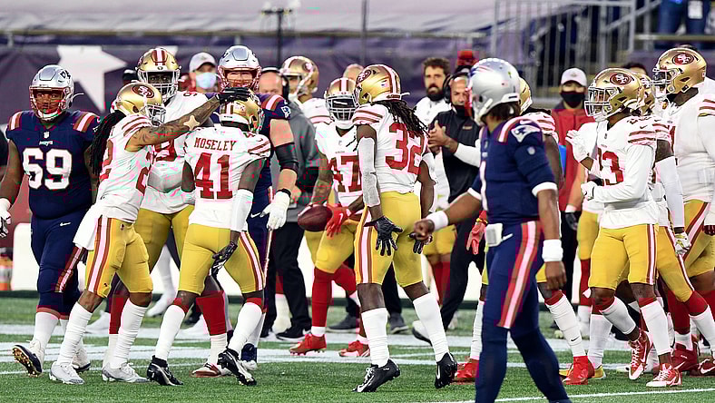 Patriots' Cam Newton reacts after throwing INT during Week 7 game against the 49ers
