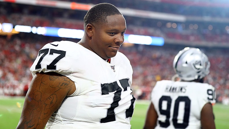 Raiders' Trent Brown before NFL game against the Cardinals