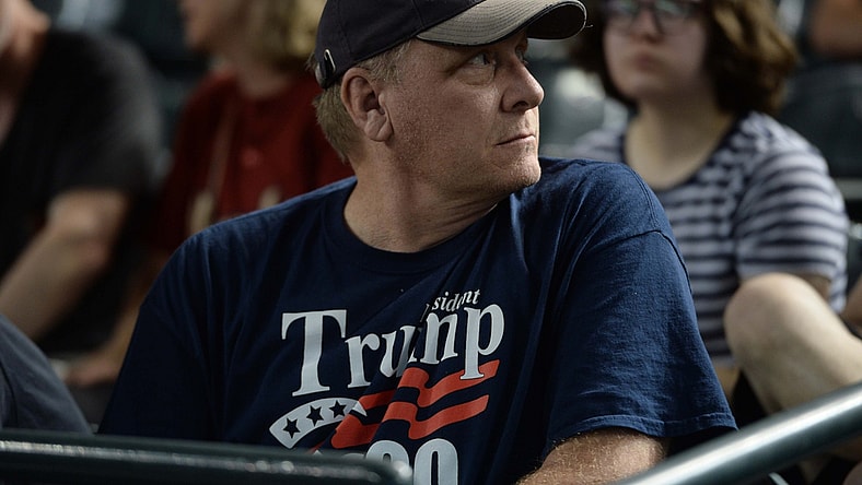 Aug 3, 2018; Phoenix, AZ, USA; MLB Hall of Fame pitcher Curt Schilling looks on during the first inning of the game between the Arizona Diamondbacks and the San Francisco Giants at Chase Field. Mandatory Credit: Joe Camporeale-USA TODAY Sports