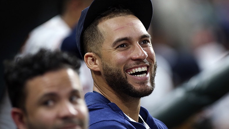 May 20, 2019; Houston, TX, USA; Houston Astros center fielder George Springer (4) smiles in the dugout during the third inning against the Chicago White Sox at Minute Maid Park. Mandatory Credit: Troy Taormina-USA TODAY Sports