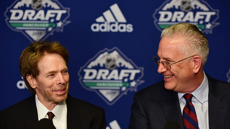 Jun 21, 2019; Vancouver, BC, Canada; NHL Seattle owner Jerry Bruckheimer (left) and NHL Seattle president Tod Leiweke speak at a press conference before the first round of the 2019 NHL Draft at Rogers Arena. Mandatory Credit: Anne-Marie Sorvin-USA TODAY Sports