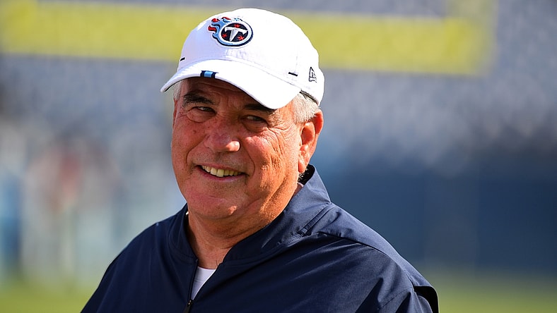 Aug 17, 2019; Nashville, TN, USA; Tennessee Titans defensive coordinator Dean Pees before the game against the New England Patriots at Nissan Stadium. Mandatory Credit: Christopher Hanewinckel-USA TODAY Sports