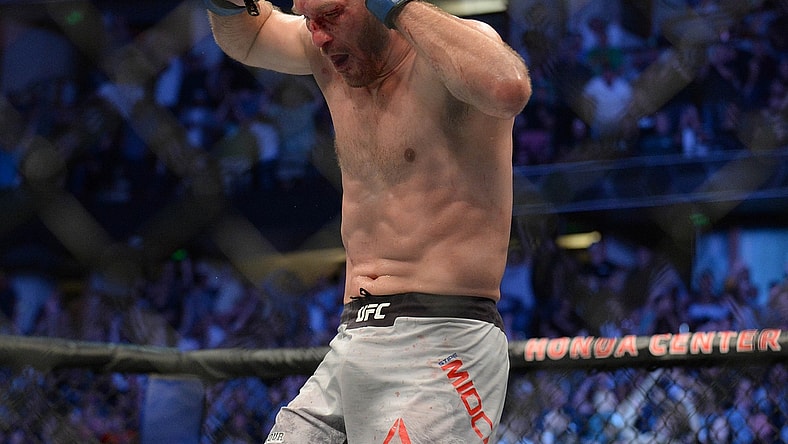 August 17, 2019; Anaheim, CA, USA; Stipe Miocic reacts after his TKO championship victory against Daniel Cormier during UFC 241 at Honda Center. Mandatory Credit: Gary A. Vasquez-USA TODAY Sports