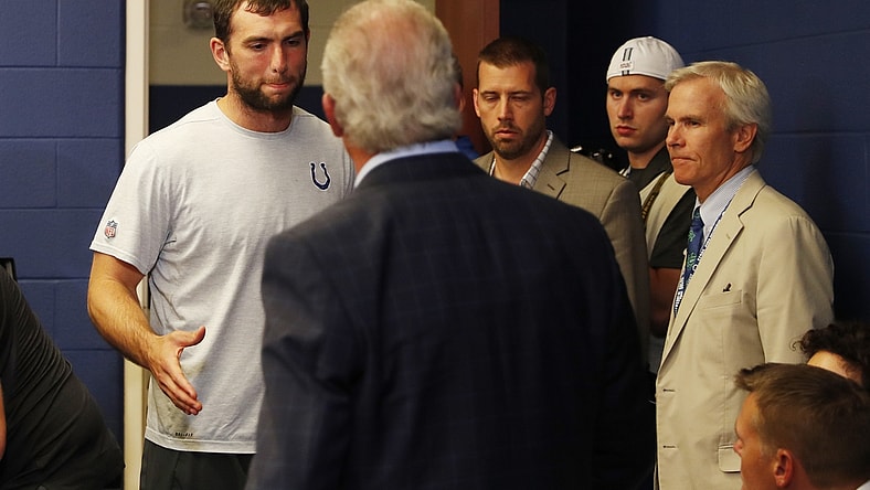 Aug 24, 2019; Indianapolis, IN, USA; Indianapolis Colts quarterback Andrew Luck says goodbye to Colts owner Jim Irsay after announcing his retirement in a press conference after the game against the Chicago Bears at Lucas Oil Stadium. Mandatory Credit: Brian Spurlock-USA TODAY Sports