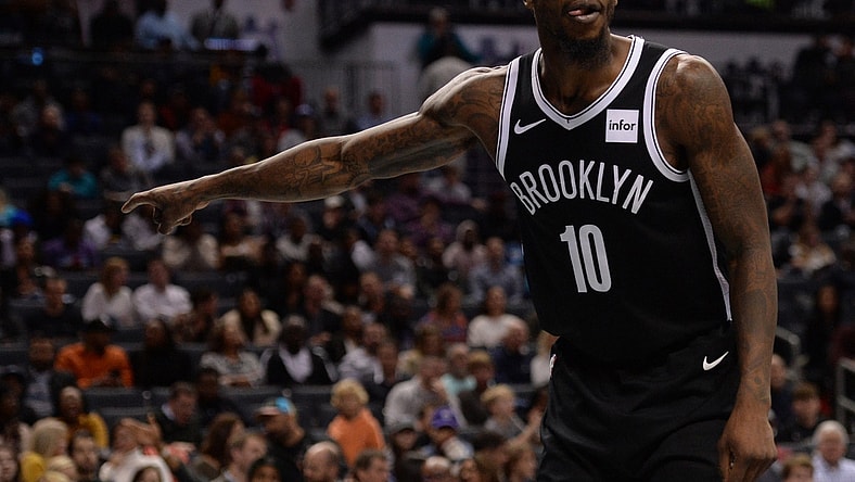 Dec 6, 2019; Charlotte, NC, USA; Brooklyn Nets guard forward Iman Shumpert (10) reacts to a call during the second half against the Charlotte Hornets at the Spectrum Center. Mandatory Credit: Sam Sharpe-USA TODAY Sports