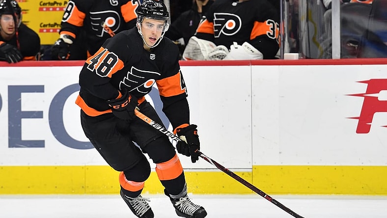 Dec 23, 2019; Philadelphia, Pennsylvania, USA; Philadelphia Flyers center Morgan Frost (48) during the second period against the New York Rangers at Wells Fargo Center. Mandatory Credit: Eric Hartline-USA TODAY Sports