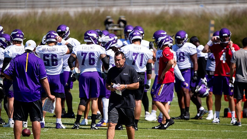 Aug 16, 2020; Eagan, Minnesota, USA; Minnesota Vikings offensive coordinator Gary Kubiak during practice at TCO Performance Center Mandatory Credit: Brad Rempel-USA TODAY Sports