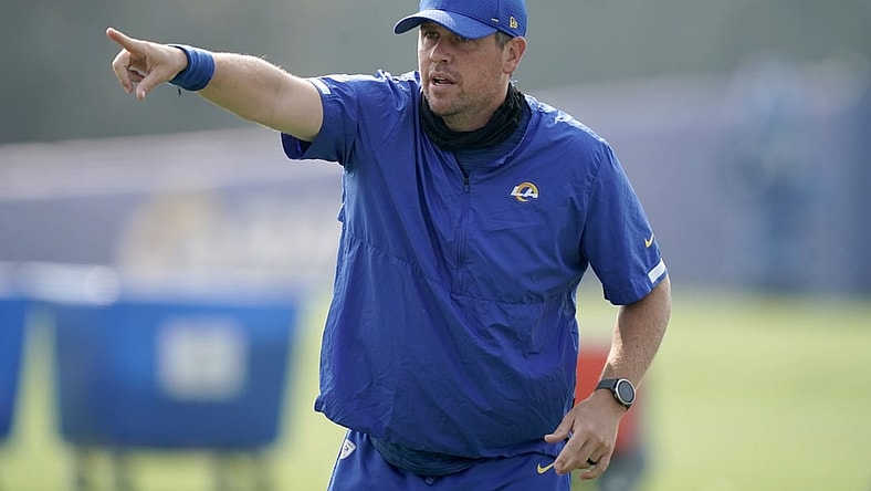 Aug 21, 2020; Thousand Oaks, CA, USA; Los Angeles Rams pass game coordinator Shane Waldron gestures  during training camp at Cal Lutheran University. Mandatory Credit: Kirby Lee-USA TODAY Sports