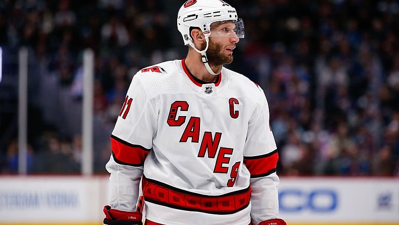 Dec 19, 2019; Denver, CO, USA; Carolina Hurricanes center Jordan Staal (11) in the third period against the Colorado Avalanche at the Pepsi Center. Mandatory Credit: Isaiah J. Downing-USA TODAY Sports