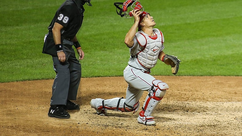 Sep 4, 2020; New York City, New York, USA;  Philadelphia Phillies catcher J.T. Realmuto (10) at Citi Field. Mandatory Credit: Wendell Cruz-USA TODAY Sports