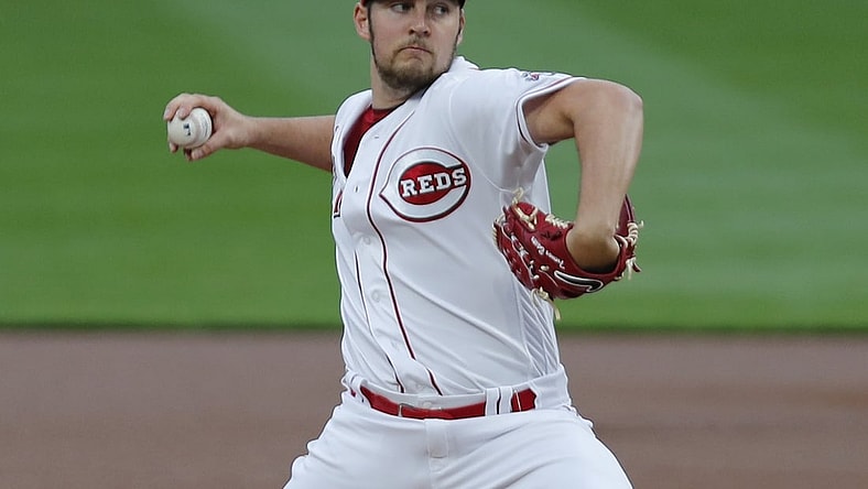 Sep 23, 2020; Cincinnati, Ohio, USA; Cincinnati Reds starting pitcher Trevor Bauer (27) throws against the Milwaukee Brewers during the first inning at Great American Ball Park. Mandatory Credit: David Kohl-USA TODAY Sports