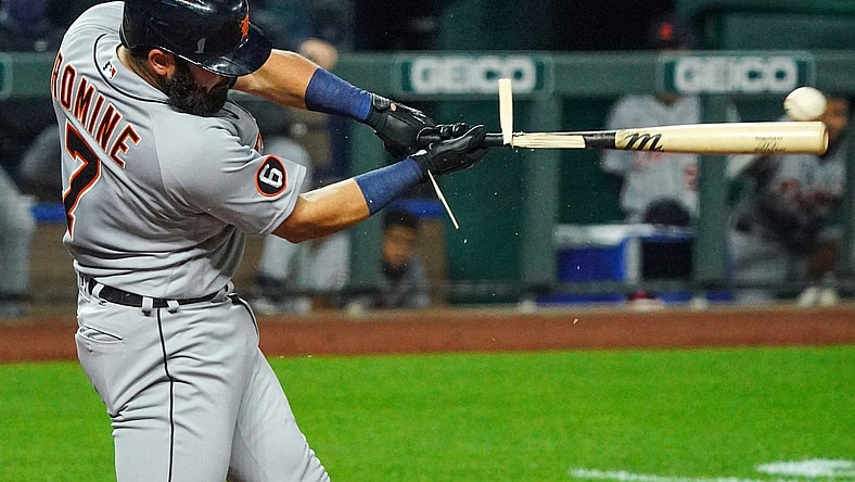 Sep 24, 2020; Kansas City, Missouri, USA; Detroit Tigers catcher Austin Romine (7) breaks his bat as he makes contact with the ball during the fourth inning against the Kansas City Royals at Kauffman Stadium. Mandatory Credit: Jay Biggerstaff-USA TODAY Sports