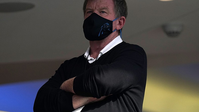 Sep 27, 2020; Inglewood, California, USA; Carolina Panthers general manager Marty Hurney watches during the game against the Los Angeles Chargers at SoFi Stadium. The Panthers defeated the Chargers 21-16. Mandatory Credit: Kirby Lee-USA TODAY Sports