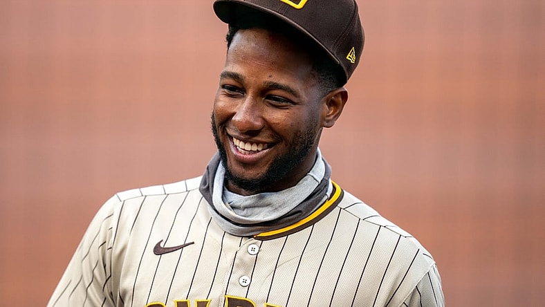 September 26, 2020; San Francisco, California, USA; San Diego Padres right fielder Jurickson Profar (10) before the game against the San Francisco Giants at Oracle Park. Mandatory Credit: Kyle Terada-USA TODAY Sports