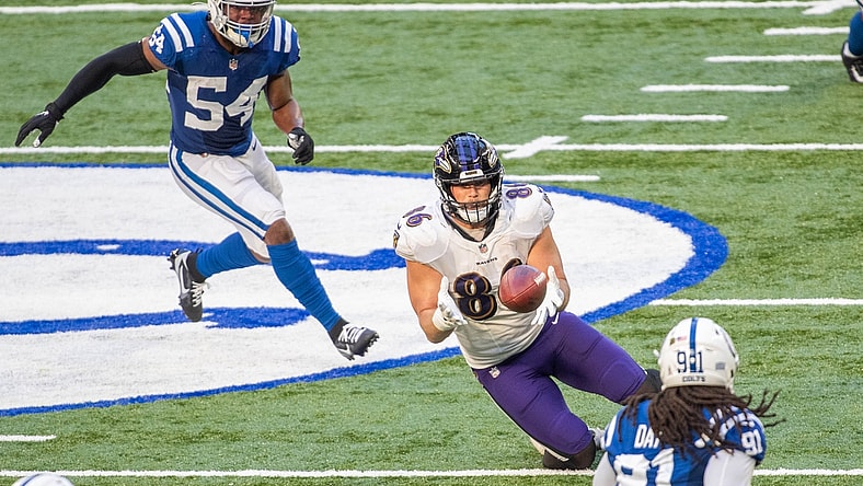 Nov 8, 2020; Indianapolis, Indiana, USA; Baltimore Ravens tight end Nick Boyle (86) catches the ball against the Indianapolis Colts in the second half at Lucas Oil Stadium. Mandatory Credit: Trevor Ruszkowski-USA TODAY Sports